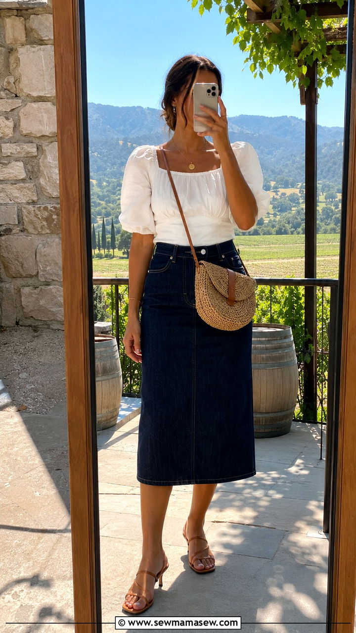 Denim Midi Skirt With Puff Sleeve Top and Kitten Heel Sandals - 25 Old money outfit ideas with kitten heels
