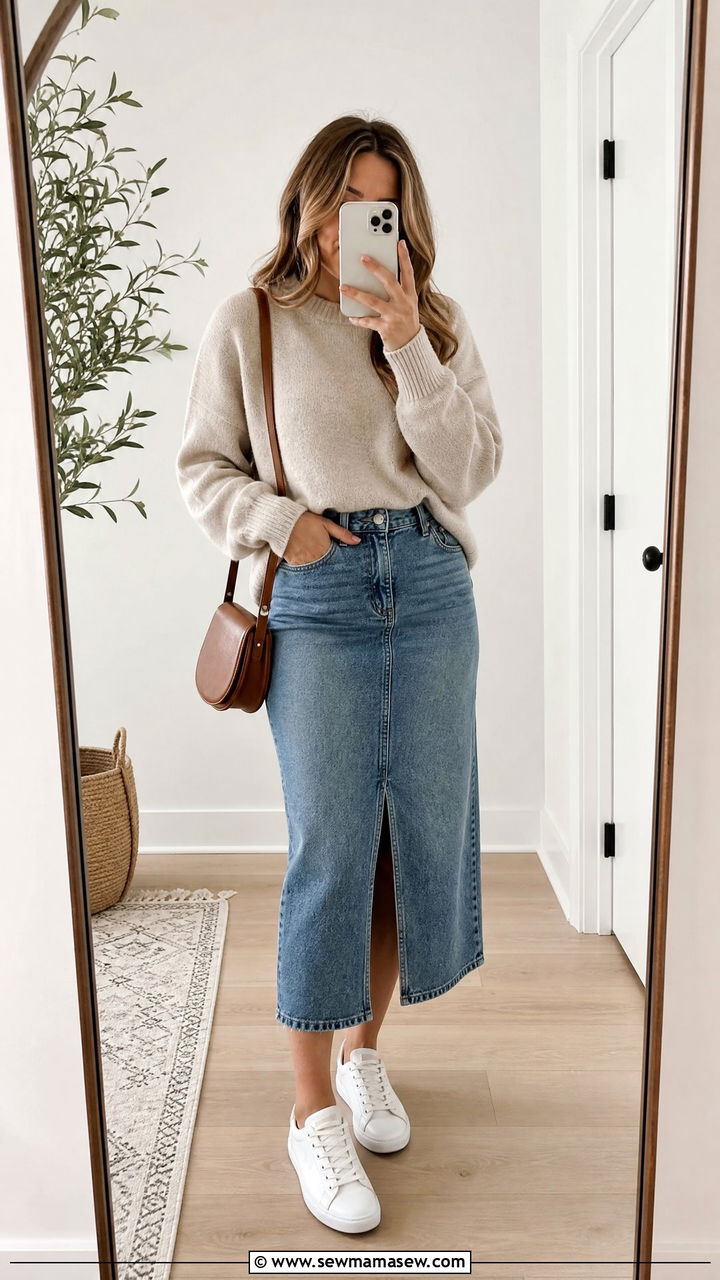 Denim Midi Skirt With Relaxed Knit Sweater - 25 casual outfits for modest women
