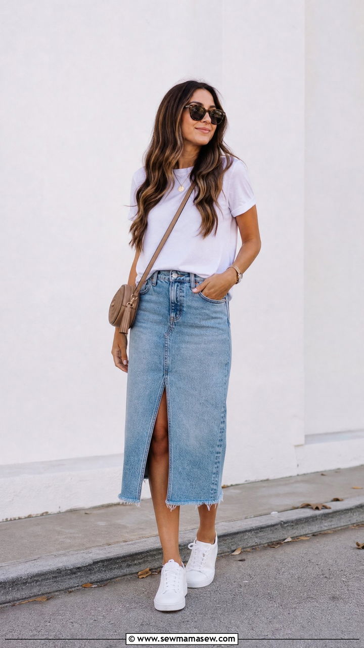 Denim Midi Skirt With Sneakers Outfit - 25 how to style denim skirt