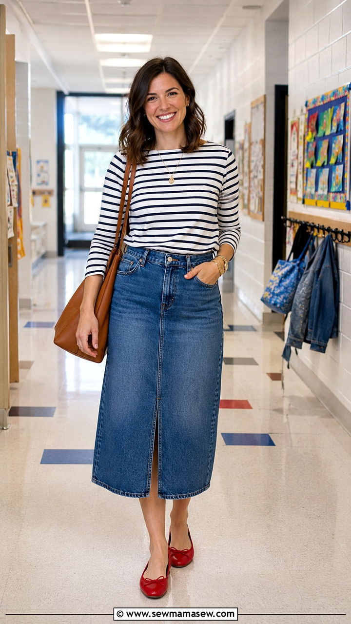 Denim Midi Skirt With Striped Boatneck Tee - 30 transitional teacher outfit ideas