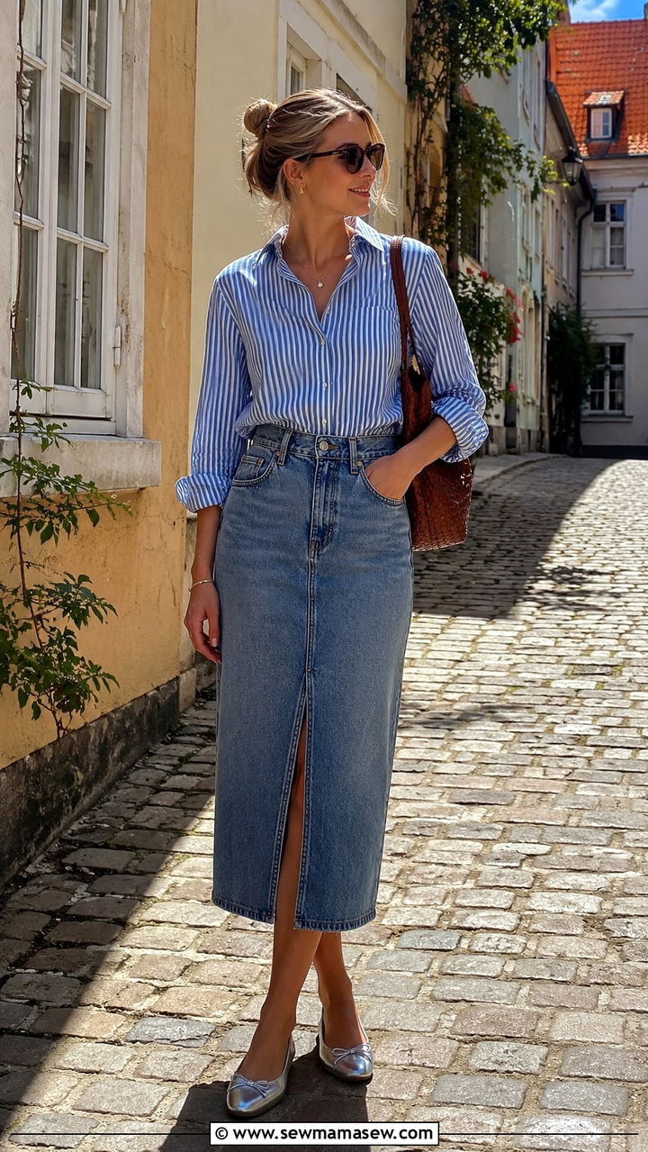 Denim Midi Skirt With Striped Shirt And Ballet Flats - 30 Danish outfit ideas