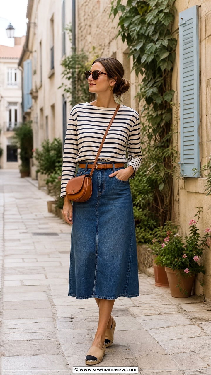 Denim Midi Skirt With Striped Shirt Outfit - 25 how to style denim skirt