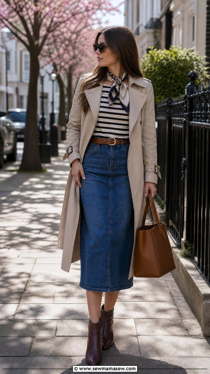 Denim Midi Skirt With Trench Coat Outfit - 25 how to style denim skirt