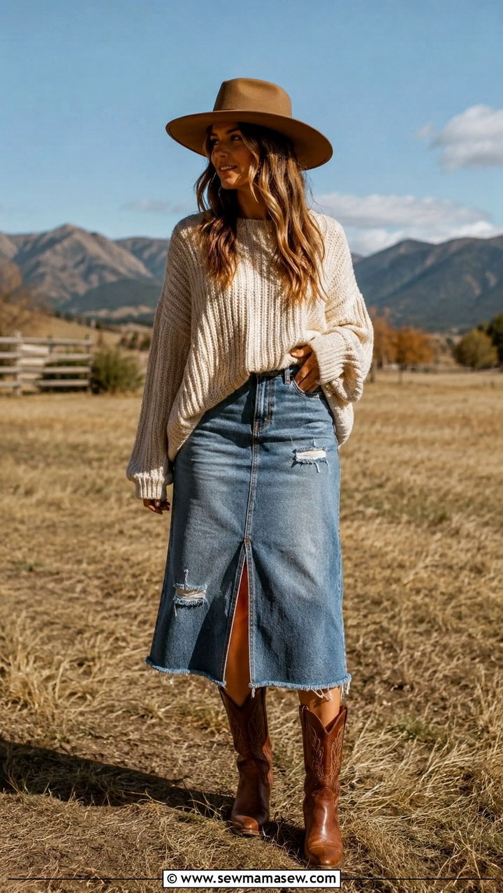 Denim Midi Skirt With Western Boots - 30 Midi skirt outfit ideas with boots