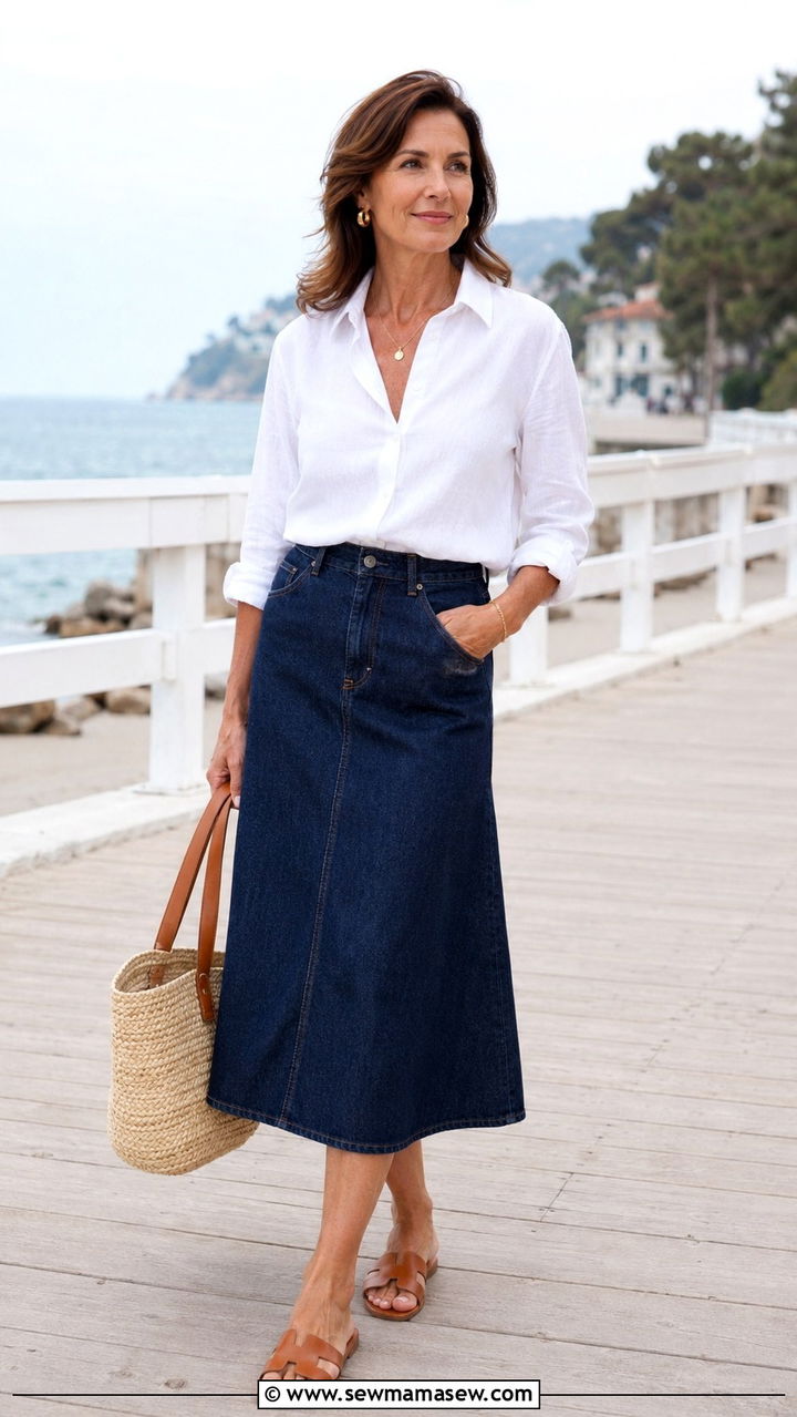 Denim Midi Skirt With White Button Down And Sandals - 30 midi skirt outfits for women over 40