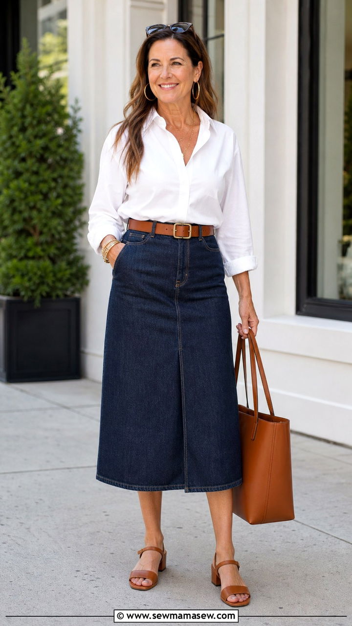 Denim Midi Skirt With White Button Down - 20 denim skirt outfits for women over 40