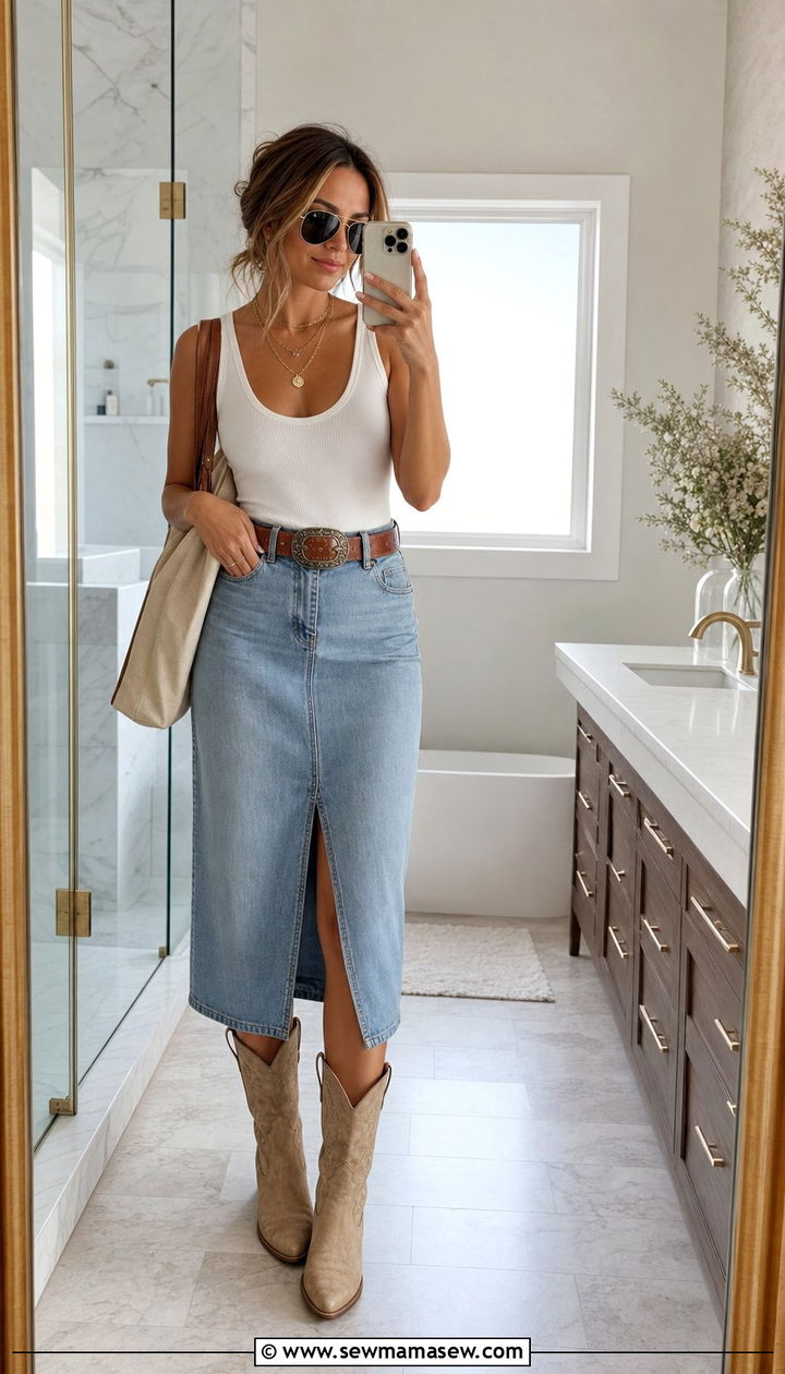 Denim Midi Skirt With White Tank and Cowboy Boots - 25 spring coastal cowgirl outfits