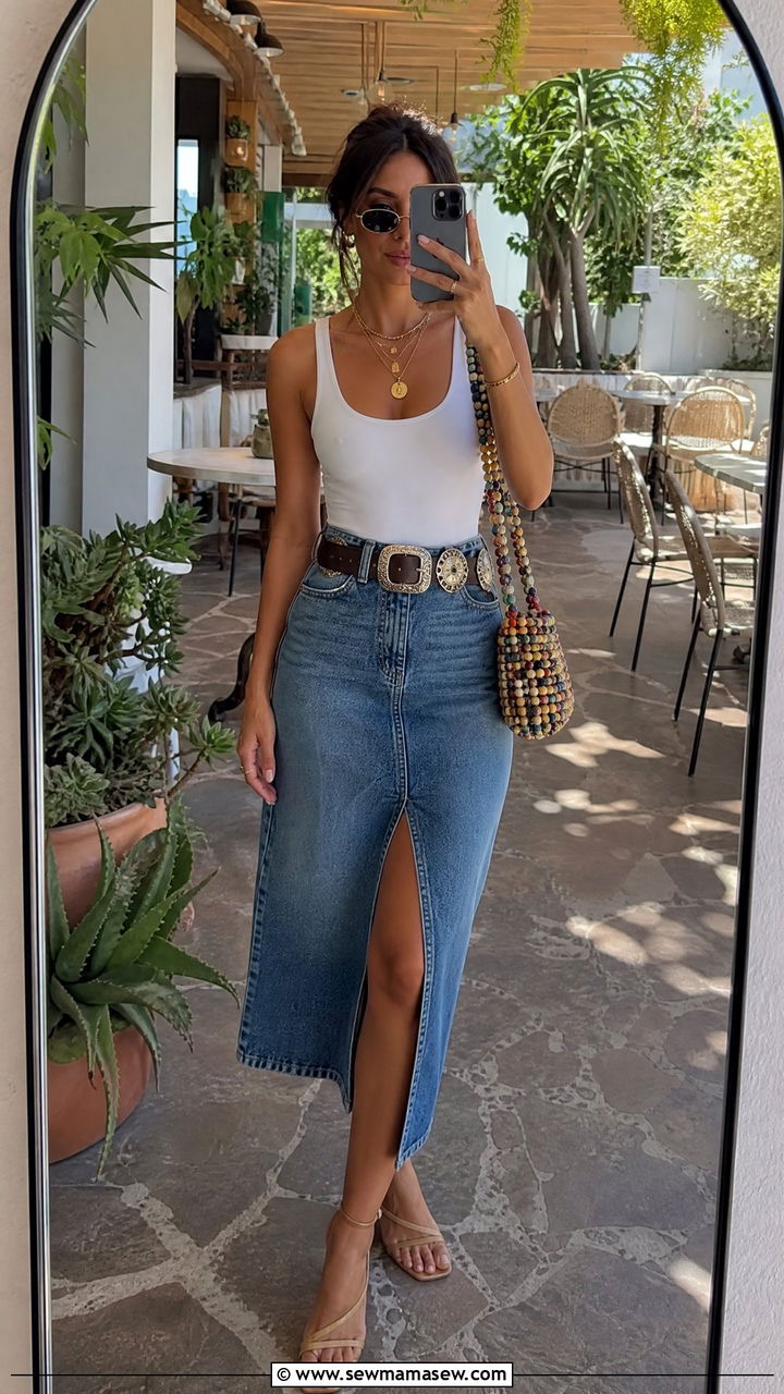 Denim Midi Skirt With White Tank - 35 LA brunch outfit ideas