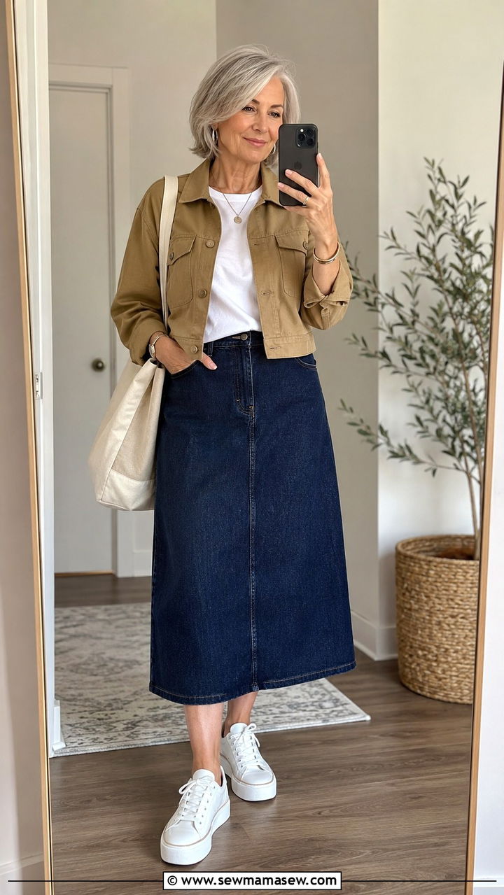 Denim Midi Skirt With White Tee and Platform Sneakers - 20 How to style a midi skirt over 60