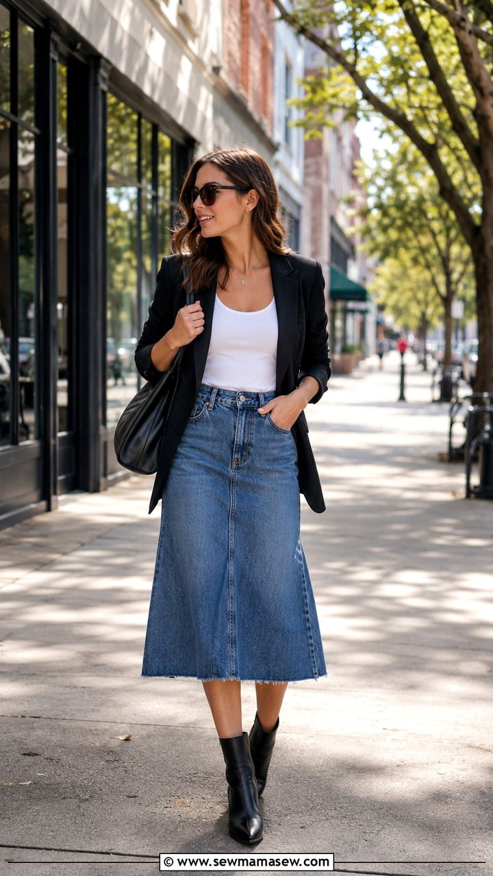 Denim Midi Skirt With a Blazer - 30 Midi skirt outfit ideas with a blazer