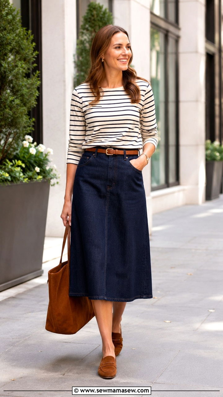Denim Midi Skirt With a Tucked In Striped Shirt and Mules - 30 business casual outfits 2026