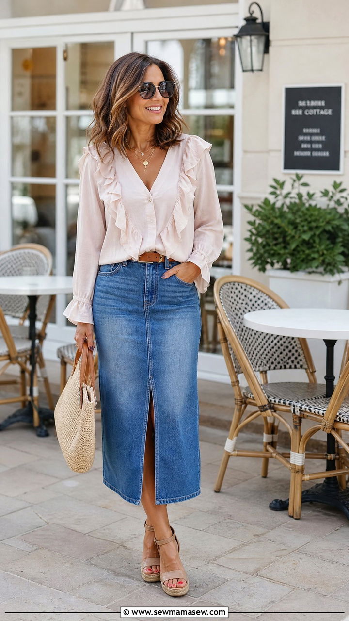 Denim Midi Skirt and Blouse Outfit - 25 Brunch outfit ideas for women over 40