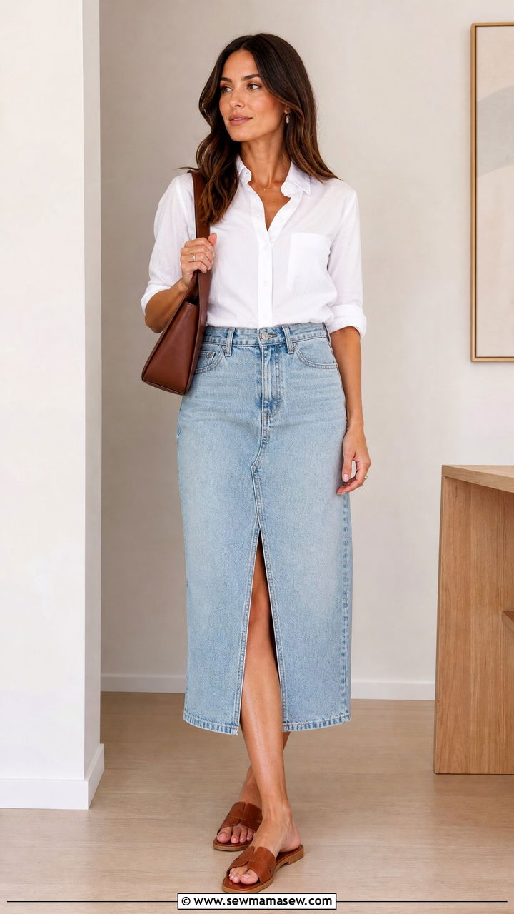 Denim Midi Skirt and Button Down Shirt - 40 summer outfit ideas for women