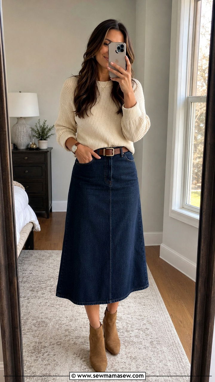 Denim Midi Skirt and Knit Sweater - 25 modest classy outfits to copy