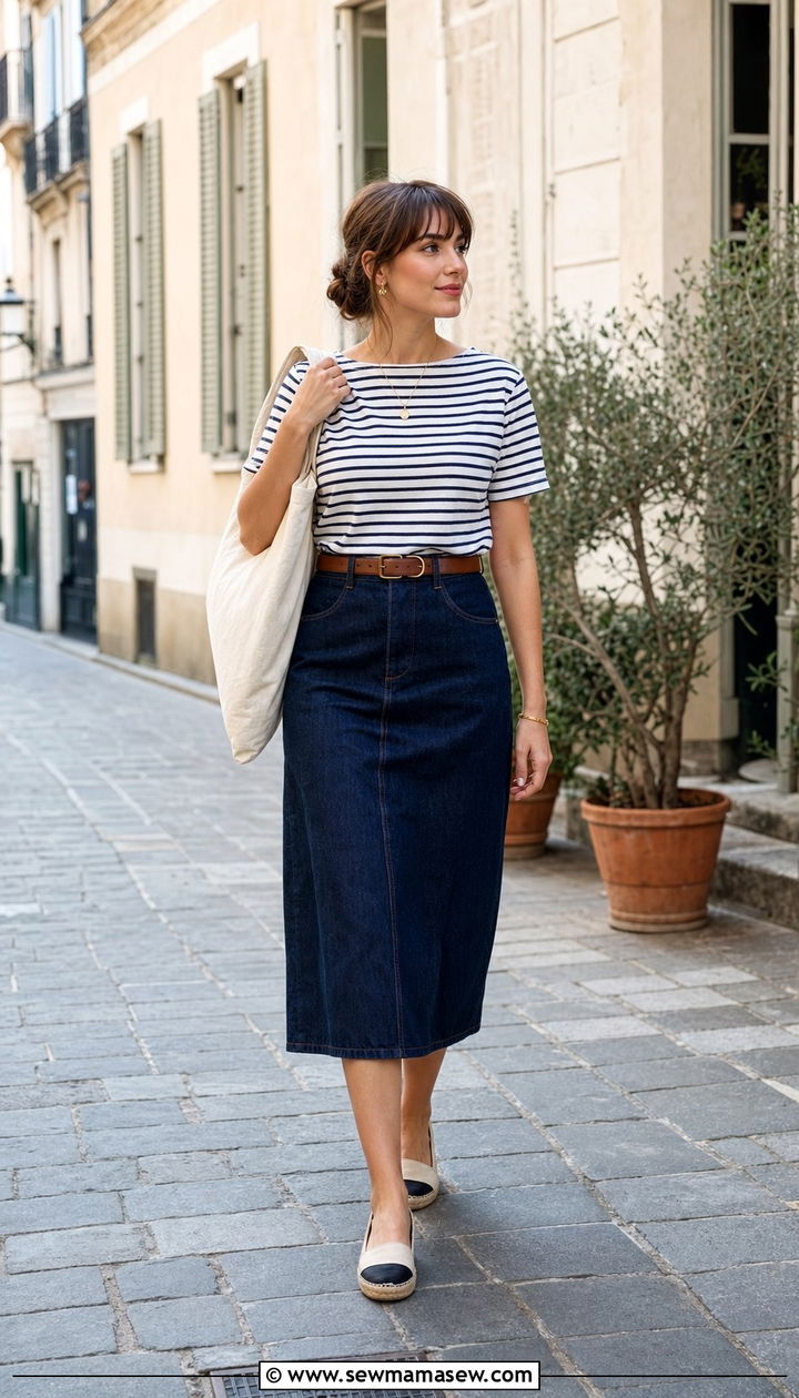 Denim Midi Skirt and Striped Tee Spring Look - 25 Effortless spring outfit ideas 2026