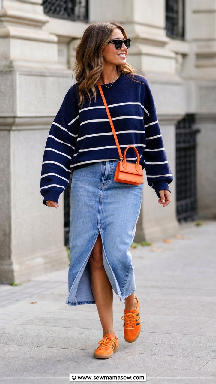 Denim Midi Skirt and Sweater Outfit - 25 Early May outfit ideas