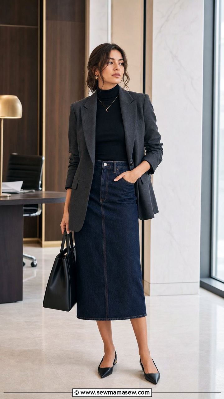 Denim Midi Skirt with Blazer for Work - 25 denim skirt outfits 2026