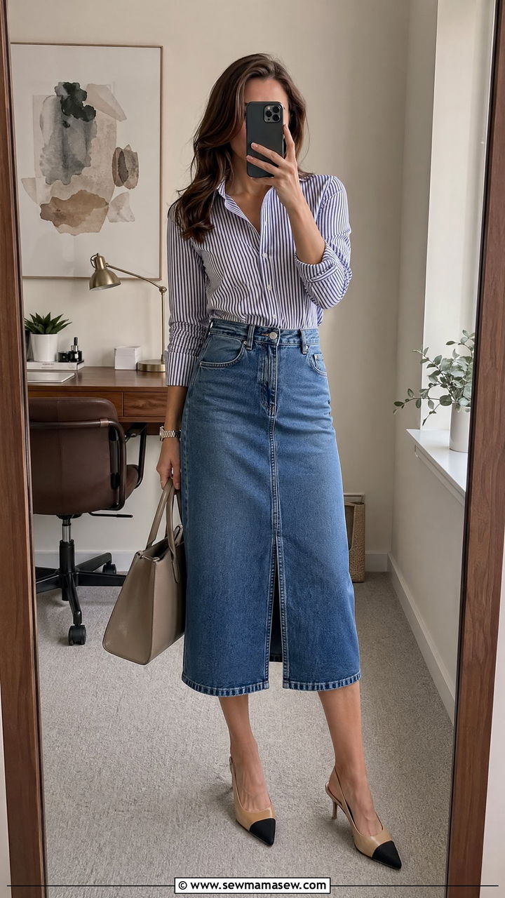 Denim Midi Skirt with Button Down Shirt and Slingbacks - 35 denim skirt outfits for women
