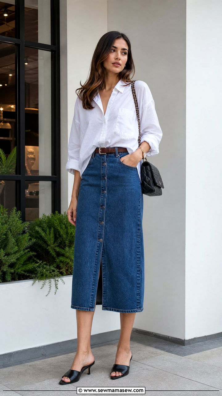Denim Midi Skirt with Button Down and Mules Outfit - 25 chic denim skirt outfit ideas