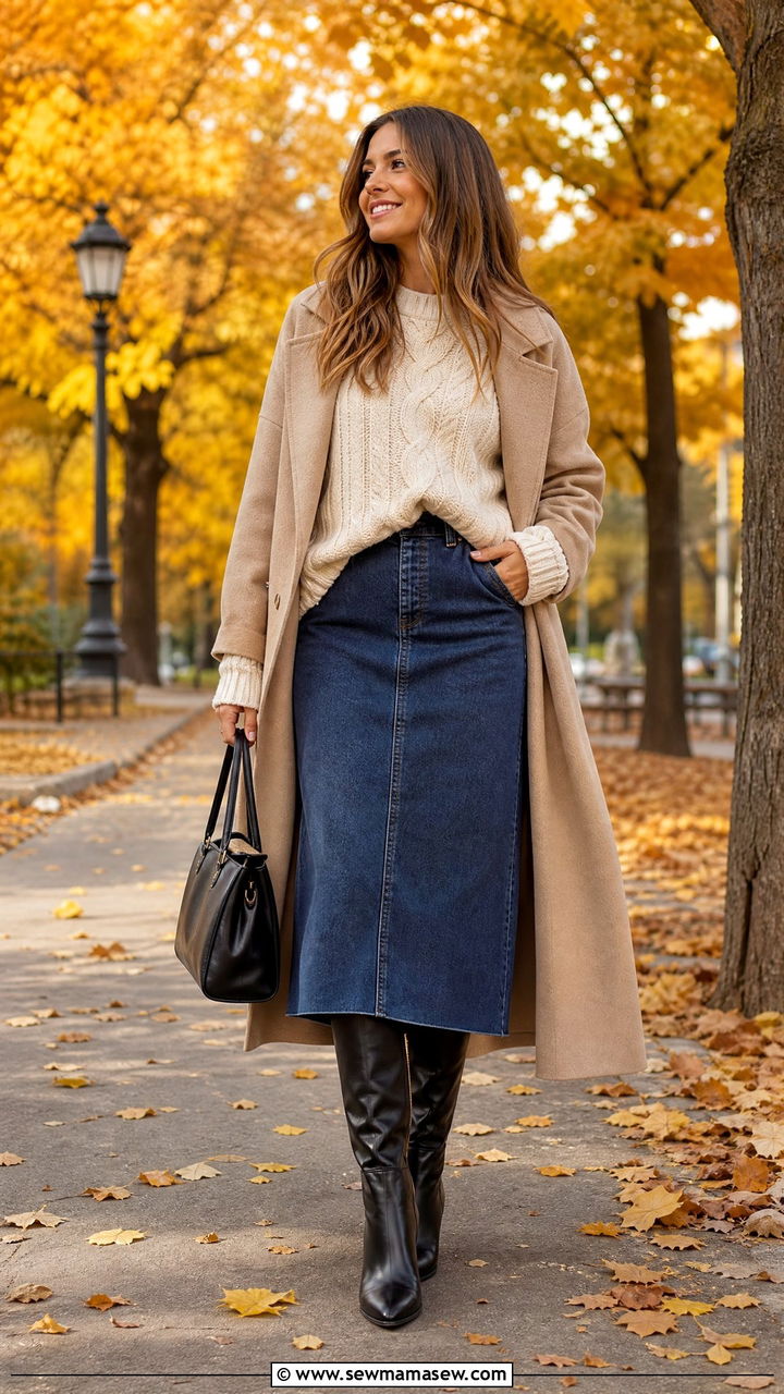 Denim Midi Skirt with Chunky Knit Sweater and Knee Boots - 25 how to style denim skirt outfits
