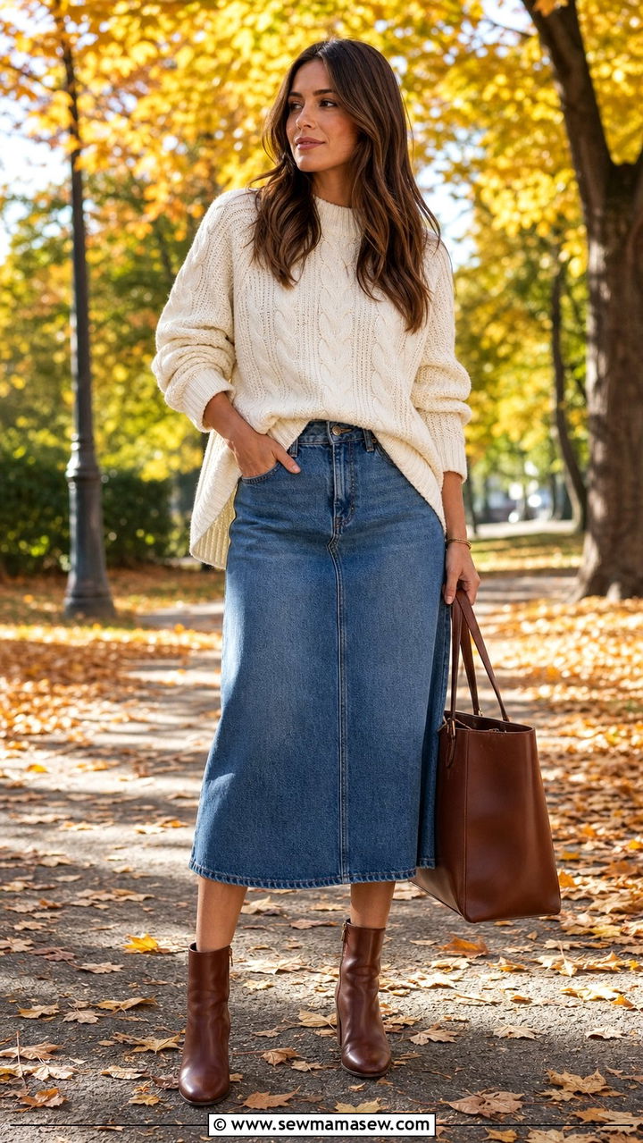 Denim Midi Skirt with Chunky Knit Sweater - 25 denim skirt outfits 2026
