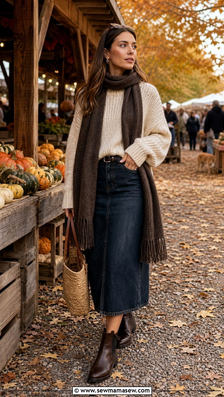 Denim Midi Skirt with Chunky Knit and Chelsea Boots - 40 denim skirt outfit ideas
