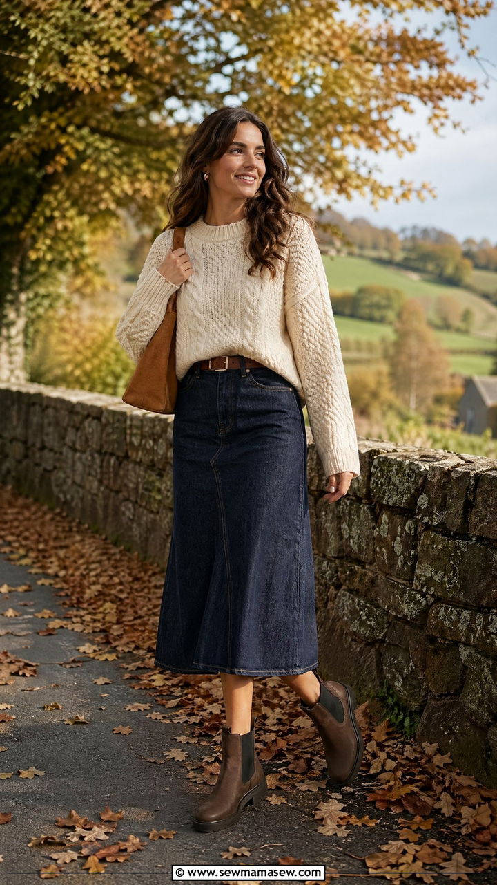 Denim Midi Skirt with Chunky Knit and Chelsea Boots - 35 denim skirt outfits for women
