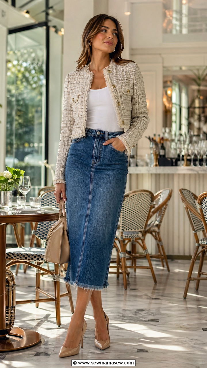 Denim Midi Skirt with Cropped Jacket and Pointed Toe Heels - 35 denim skirt outfits for women