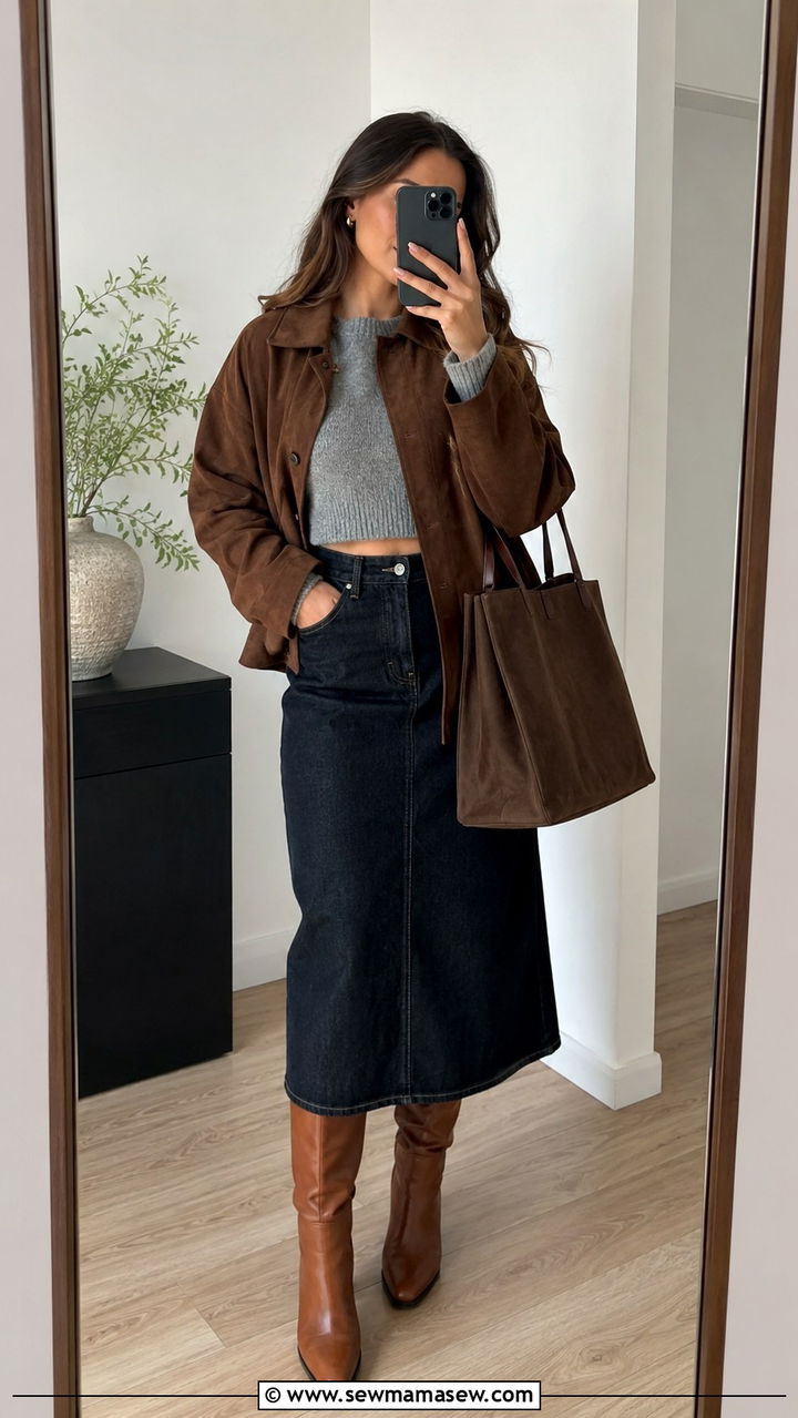 Denim Midi Skirt with Cropped Sweater and Tall Boots - 30 Shoulder season outfit ideas