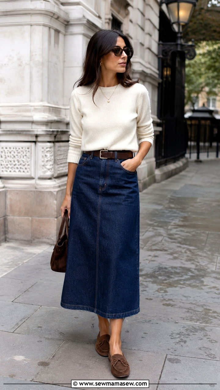 Denim Midi Skirt with Fine Knit Sweater - 25 Old money outfit ideas with driving loafers