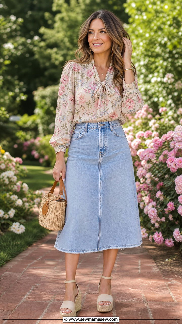 Denim Midi Skirt with Floral Blouse and Wedges Outfit - 25 chic denim skirt outfit ideas