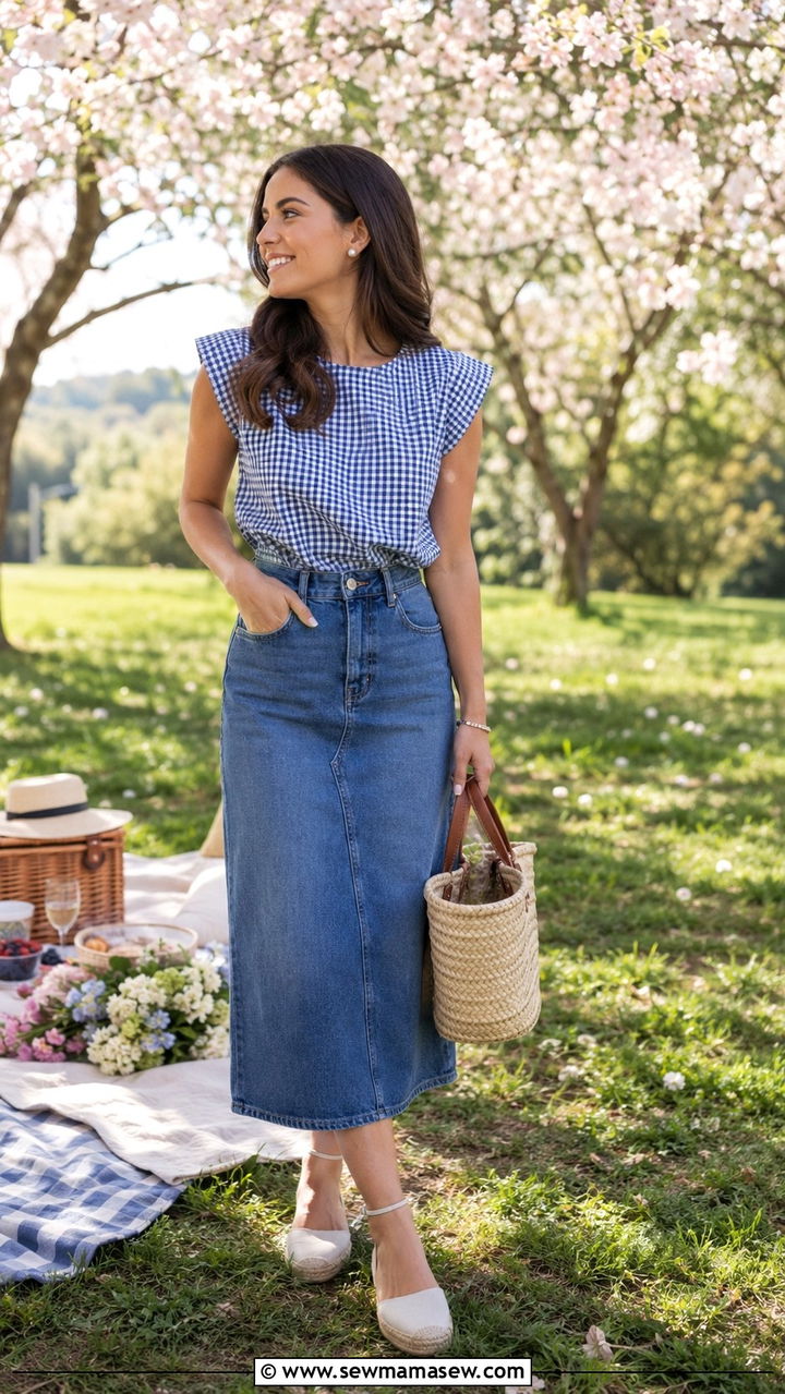 Denim Midi Skirt with Gingham Top and Basket Bag - 30 Spring outfits with denim skirts