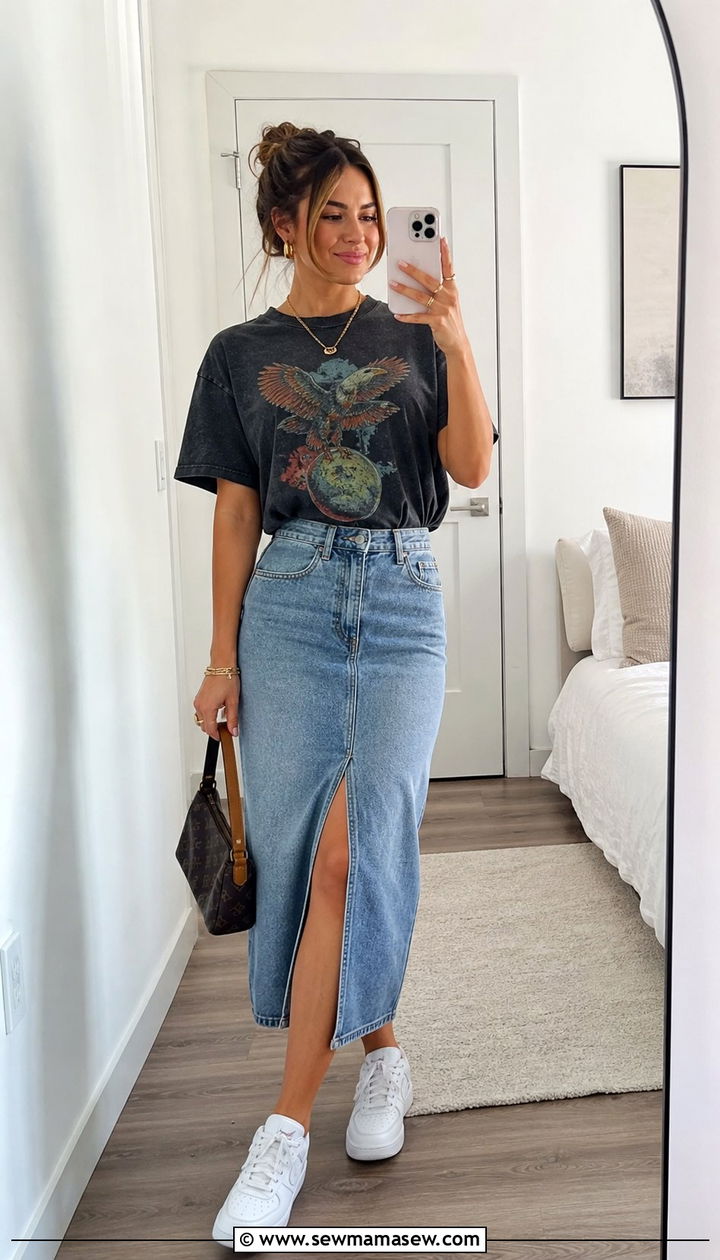 Denim Midi Skirt with Graphic Tee - 35 Bottomless brunch outfits