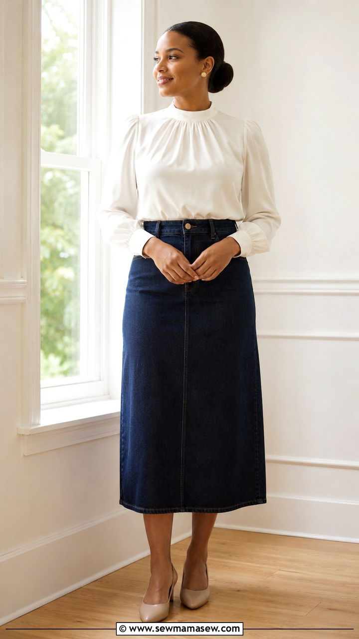 Denim Midi Skirt with High Neck Cream Blouse - 30 Modest outfit ideas 2026