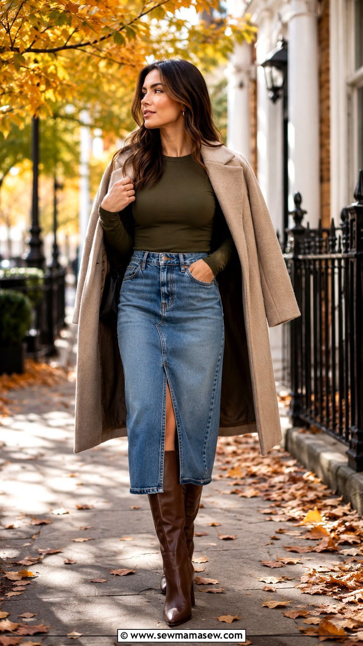 Denim Midi Skirt with Long Sleeve Tee and Knee High Boots - 30 Denim skirt outfit ideas with a tee