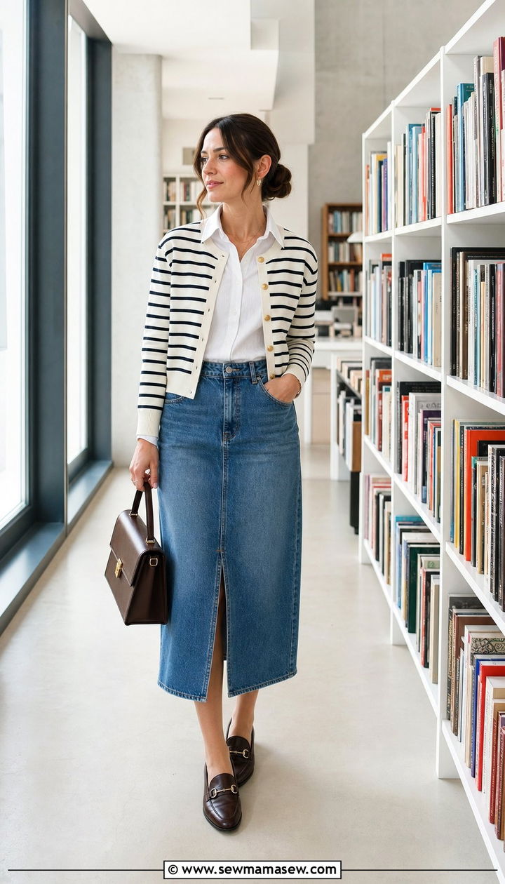Denim Midi Skirt with Striped Cardigan and White Shirt - 25 denim skirt outfits 2026