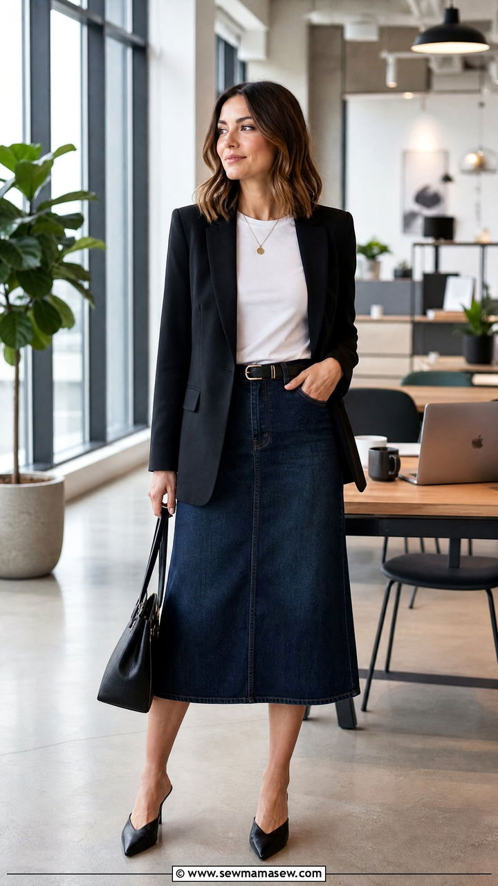 Denim Midi Skirt with Structured Blazer - 25 Business casual outfits with skirt