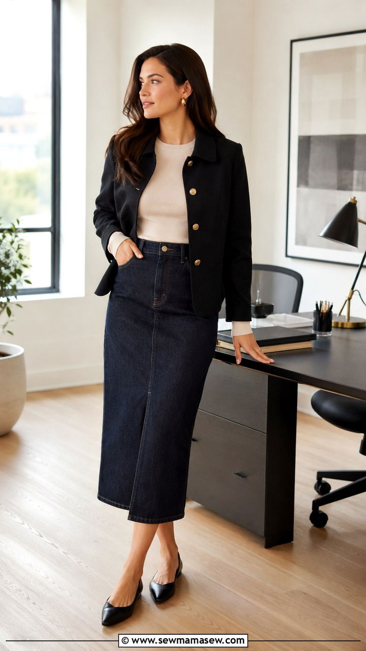 Denim Midi Skirt with Structured Jacket and Pointed Flats - 30 Modest outfit ideas for work