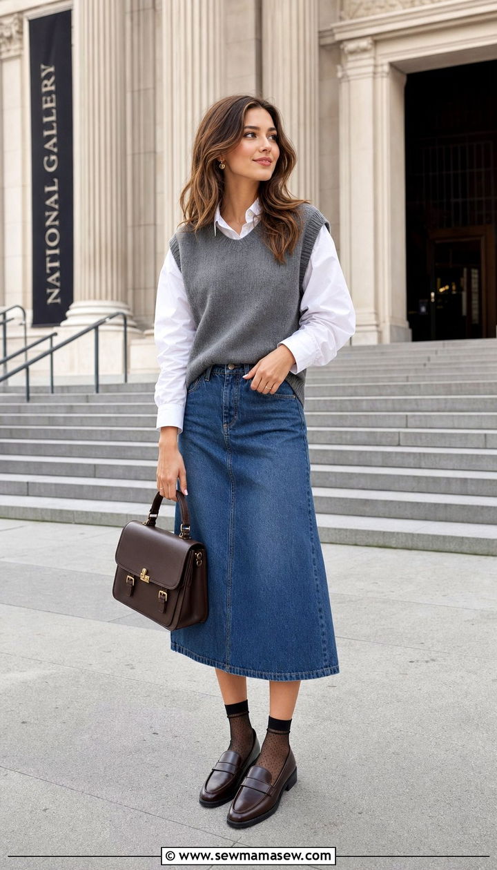 Denim Midi Skirt with Sweater Vest and Loafers - 35 casual midi skirt outfits