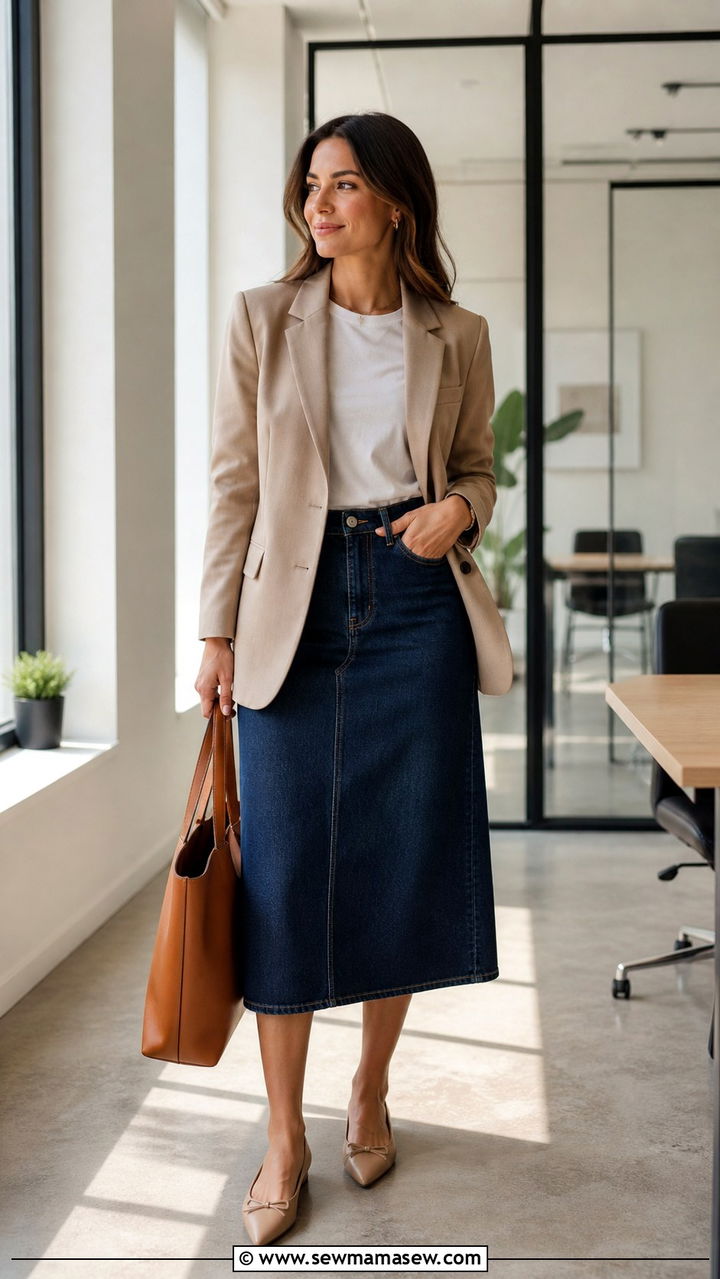 Denim Midi Skirt with Tailored Blazer Outfit - 40 Spring office outfits