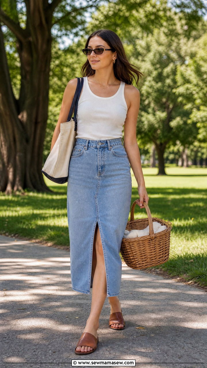 Denim Midi Skirt with Tank Top and Slide Sandals - 30 Picnic outfit ideas