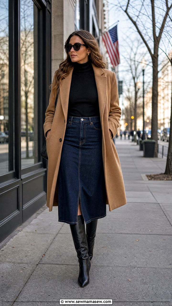 Denim Midi Skirt with Turtleneck and Knee High Boots Outfit - 25 chic denim skirt outfit ideas