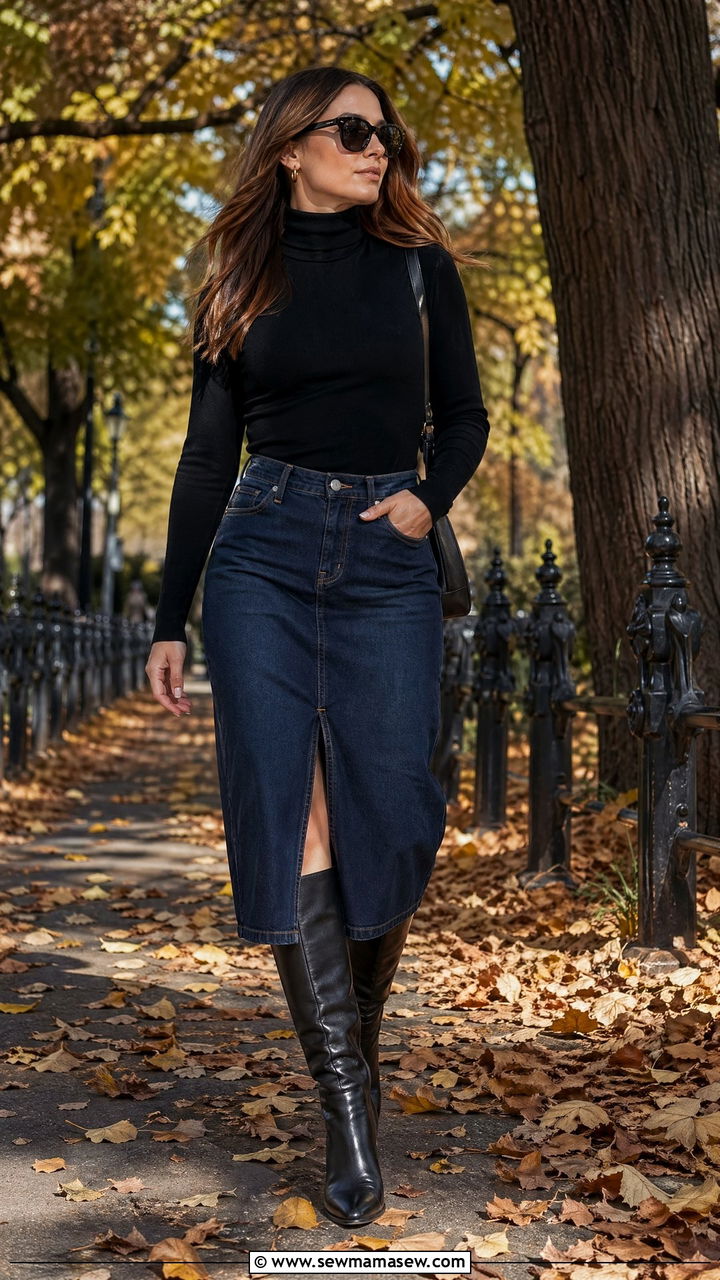 Denim Midi Skirt with Turtleneck and Knee High Boots - 35 denim skirt outfits for women
