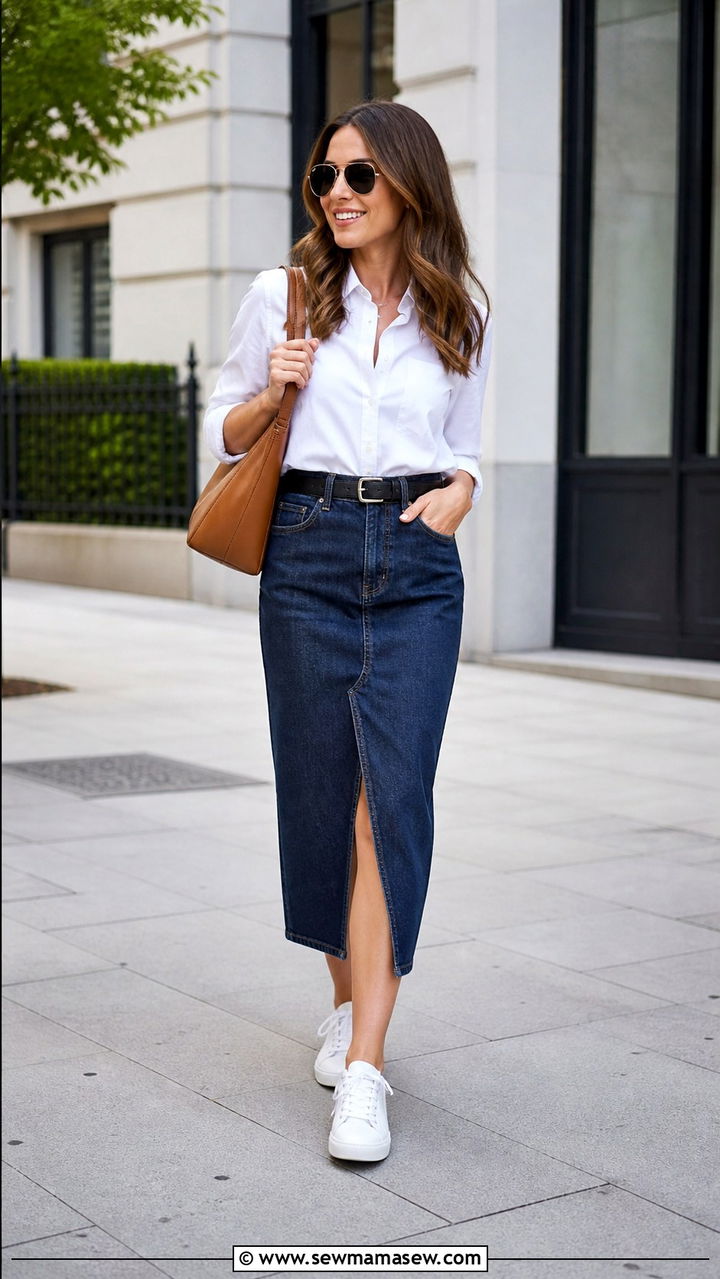 Denim Midi Skirt with White Blouse - 40 Clean girl outfit ideas