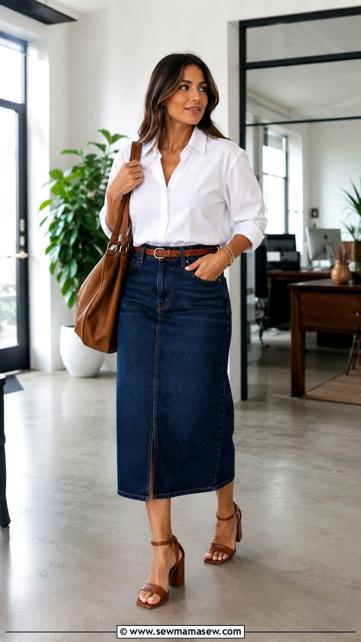 Denim Midi Skirt with White Button Down Shirt - 30 business casual outfits ideas