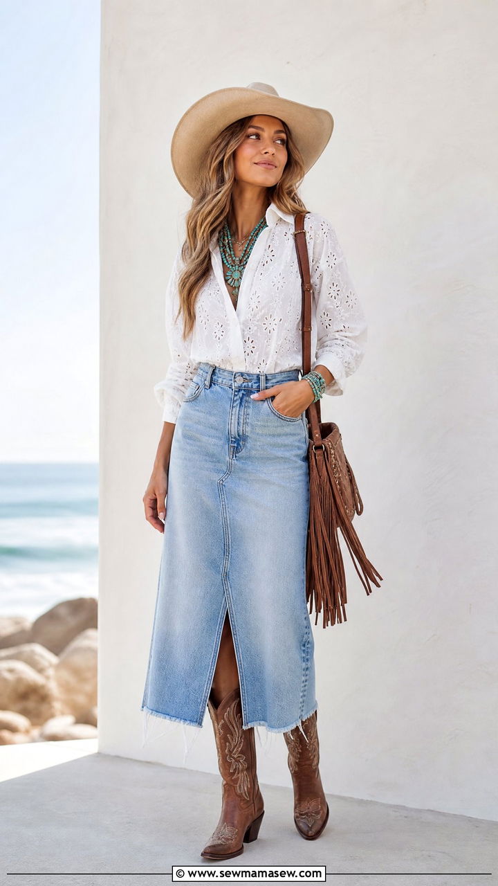 Denim Midi Skirt with White Eyelet Blouse - 30 coastal cowgirl capsule wardrobe outfits