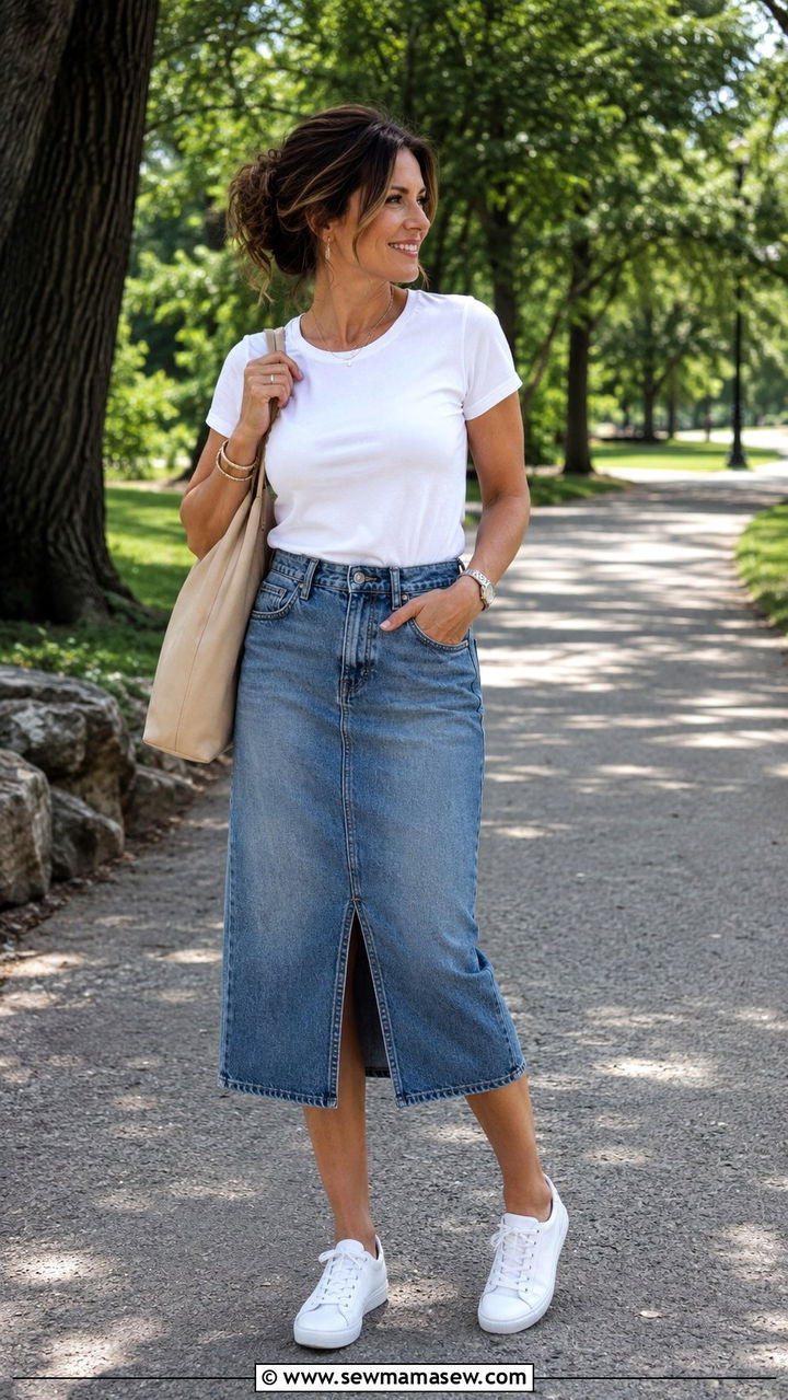 Denim Midi Skirt with a Fitted Tee and Sneakers - 25 Midlife outfit ideas