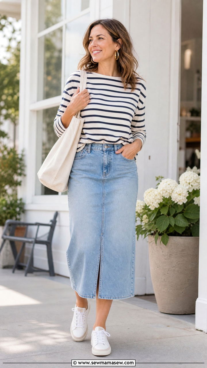 Denim Midi Skirt with a Striped Top - 35 Minimalist outfit ideas for women over 40