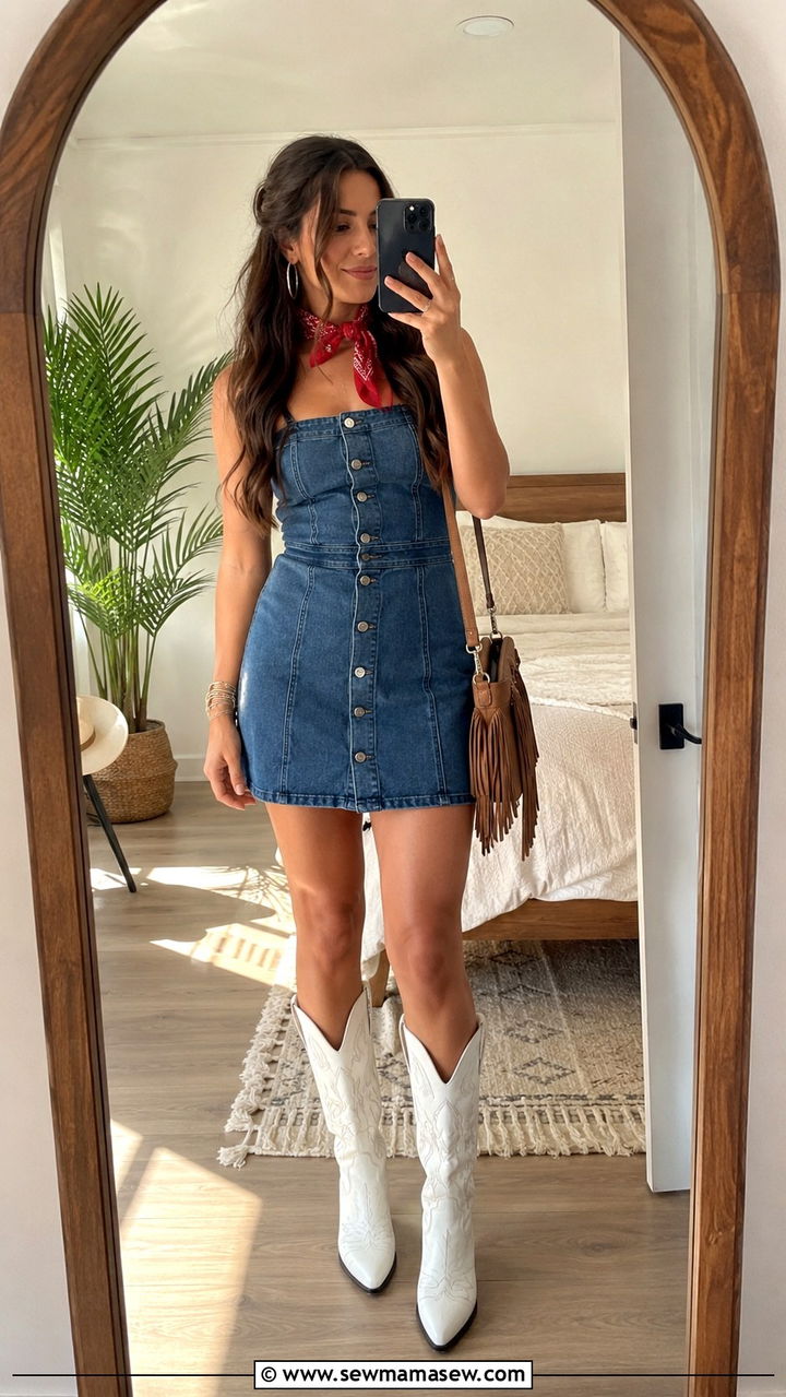 Denim Mini Dress With Cowboy Boots - 25 Boho outfit ideas with cowboy boots