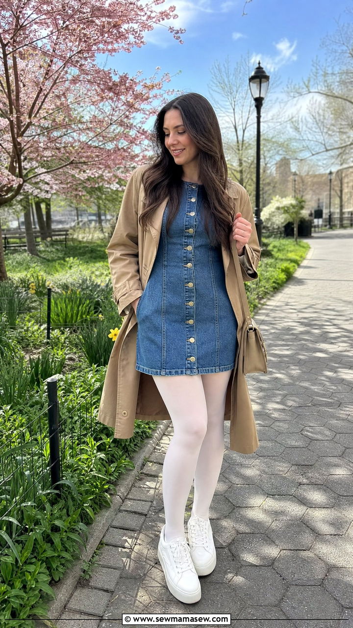 Denim Mini Dress With White Tights - 30 Mini dress outfit ideas with tights